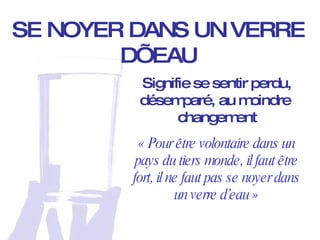 SE NOYER DANS UN VERRE D’EAU Signifie se sentir perdu, désemparé, au moindre  changement « Pour être volontaire dans un pays du tiers monde, il faut être fort, il ne faut pas se noyer dans un verre d’eau » 