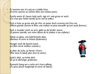 Er kommt wie n’e soij en e jùdde hüss.  ( Il arrive comme un cochon dans une maison juive .) Erscht wenn d’r baum keijt esch, sigt m’r wie gross er esch.  ( Ce n’est que l’arbre tombé qu’on voit sa taille. ) Esch e hüss so gross wie de rhin, es passt doch numme eini frau nin.  ( Même grande comme le Rhin, une maison ne peut accueillir qu’une seule femme. ) Esch e mueder noch so arm, gebt se de kinder warm. ( Si pauvre soit-elle, une mère donne de la chaleur à ses enfants .) Gleck un glass, wie bald brischt déss. ( Bonheur et verre se brisent facilement. ) Hunger esch de bescht koch. ( La faim est le meilleur cuisinier .) Je alter de ochs, je härter s’horn.  ( Plus vieux le bœuf, plus dure la corne .) Juckt’s dich, so kràtz dich.  ( Si ça te démange, gratte-toi. ) Kannsch lùang em e ochs en’s horn pfètze.  ( Tu peux pincer longtemps la corne du bœuf .) 