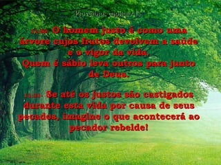 11:30-   O homem justo é como uma árvore cujos frutos devolvem a saúde e o vigor da vida. Quem é sábio leva outros para junto de Deus. Provérbios capítulo 11 11:31-   Se até os justos são castigados durante esta vida por causa de seus pecados, imagine o que acontecerá ao pecador rebelde! 