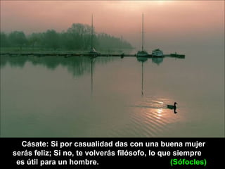 Cásate: Si por casualidad das con una buena mujer
serás feliz; Si no, te volverás filósofo, lo que siempre
es útil para un hombre. (Sófocles)
 