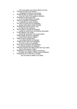 con lo que ganan sus manos planta una viña.
H
17
Se ciñe la cintura con firmeza
y despliega la fuerza de sus brazos.
T
18
Cuida de que su negocio marche bien
y aun de noche no se apaga su lámpara.
Y
19
Extiende la mano para hilar
y con sus dedos fabrica el tejido.
K
20
Abre sus palmas al necesitado
y extiende sus manos al pobre.
L
21
Si nieva no teme por los empleados,
porque todos llevan trajes forrados.
M
22
Confecciona mantas para su uso,
se viste de lino y púrpura.
N
23
En la plaza su marido es respetado
cuando se sienta entre los ancianos del pueblo.
S
24
Teje sábanas y las vende,
provee de cinturones a los comerciantes.
‘
25
Está vestida de fuerza y dignidad,
sonríe ante el día de mañana.
P
26
Abre la boca juiciosamente
y su lengua enseña con bondad.
S
27
Vigila lo que hacen sus empleados,
no come lo que no ha ganado.
Q
28
Sus hijos se levantan para felicitarla,
su marido proclama su alabanza:
R
29
Muchas mujeres han dado prueba de lo que valen,
pero tú las superas a todas.
S
30
Engañosa es la gracia, fugaz la hermosura,
la mujer que respeta al Señor merece alabanza.
T
31
Felicítenla por el éxito de su trabajo,
que sus obras la alaben en la plaza.
 