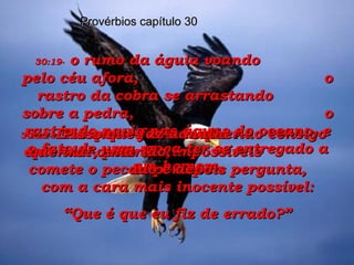 Provérbios capítulo 30 30:18-   Há quatro coisas que não consigo entender, pois são impossíveis  de perceber: 30:19-   o rumo da águia voando  pelo céu afora,  o rastro da cobra se arrastando  sobre a pedra,  o rastro do navio nas águas do oceano, e o fato de uma moça ter se entregado a um homem. 30:20-   É isso que faz a mulher  que trai o marido;  comete o pecado e depois pergunta,  com a cara mais inocente possível: “ Que é que eu fiz de errado?” 