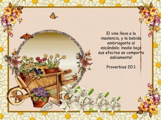 El vino lleva a la 
insolencia, y la bebida 
embriagante al 
escándalo; ¡nadie bajo 
sus efectos se comporta 
sabiamente! 
Proverbios 20:1 
 