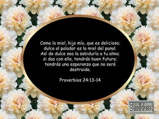Come la miel, hijo mío, que es deliciosa; 
dulce al paladar es la miel del panal. 
Así de dulce sea la sabiduría a tu alma; 
si das con ella, tendrás buen futuro; 
tendrás una esperanza que no será 
destruida. 
Proverbios 24:13-14 

