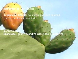 Marcador de uso: En uso
Traducción literal: La planta que hace muchos
frutos, no los madura todos
SINÓNIMOS
Enunciado: gran fecondità non viene a maturità
 