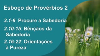 2.1-9: Procure a Sabedoria
2.10-15: Bênçãos da
Sabedoria
2.16-22: Orientações
à Pureza
Esboço de Provérbios 2
 