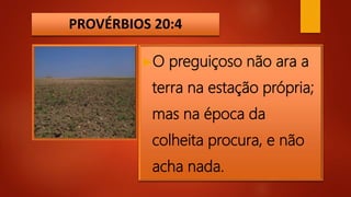 PROVÉRBIOS 20:4
O preguiçoso não ara a
terra na estação própria;
mas na época da
colheita procura, e não
acha nada.
 