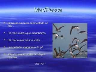 Mar/PescaMar/Pesca
 Gaivotas em terra, tempestade noGaivotas em terra, tempestade no
mar .mar .
 Há mais marés que marinheiros.Há mais marés que marinheiros.
 Há mar e mar, há ir e voltar .Há mar e mar, há ir e voltar .
 Lua deitada, marinheiro de pé.Lua deitada, marinheiro de pé.
 Não se pescam trutas a bragasNão se pescam trutas a bragas
enxutas.enxutas.
VOLTAR
 