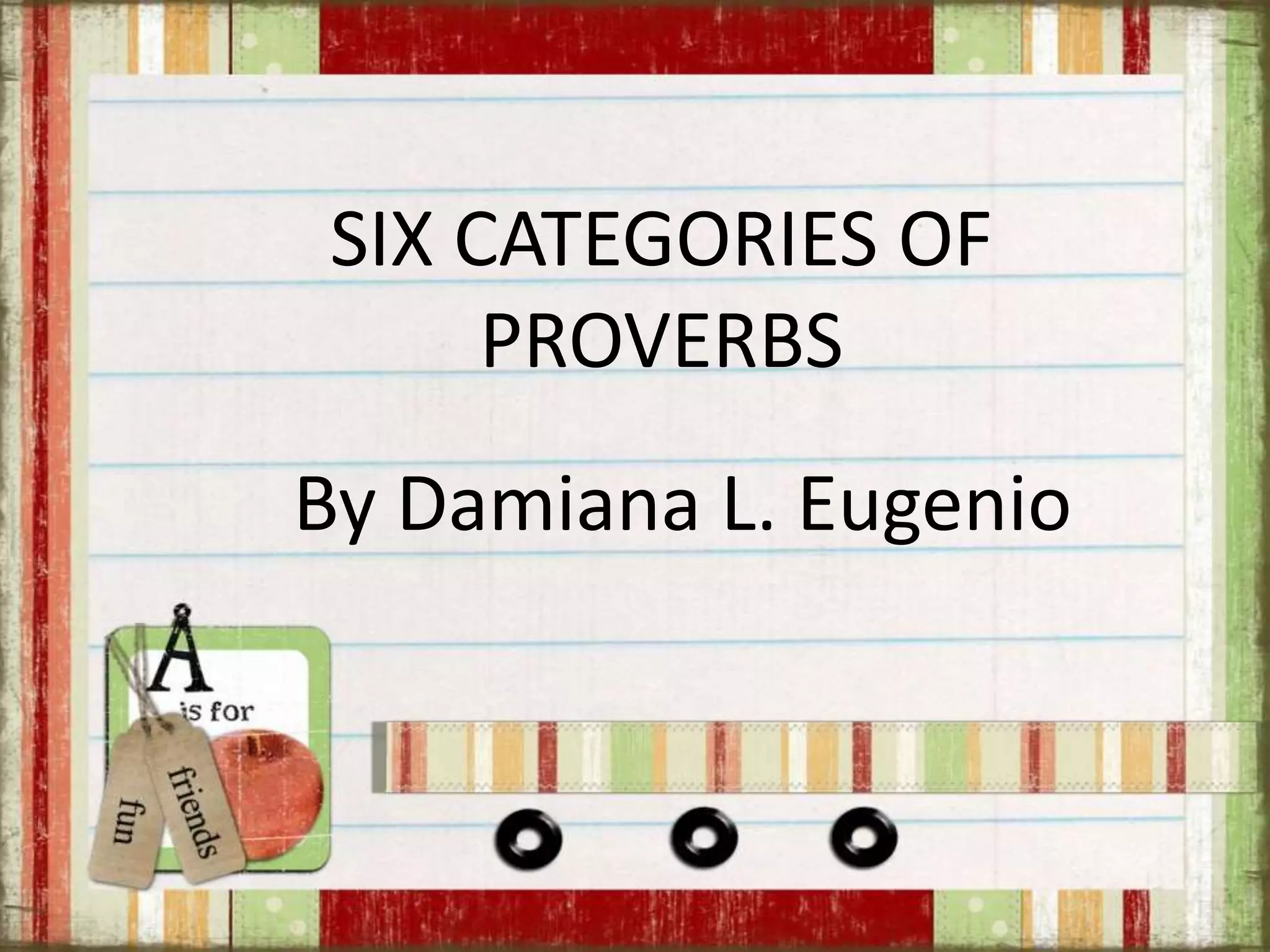 SIX CATEGORIES OF
PROVERBS
By Damiana L. Eugenio