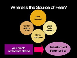 Where Is the Source of Fear? Peer  pressure Similar  stations in life Same  age group Same  Social  behavior your beliefs  and actions altered Transformed Rom 12:1-2 
