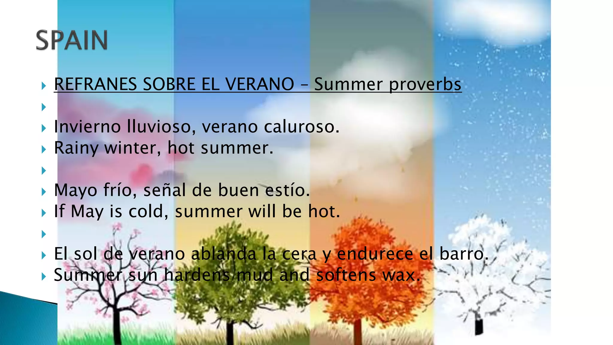  REFRANES SOBRE EL VERANO – Summer proverbs

 Invierno lluvioso, verano caluroso.
 Rainy winter, hot summer.

 Mayo frío, señal de buen estío.
 If May is cold, summer will be hot.

 El sol de verano ablanda la cera y endurece el barro.
 Summer sun hardens mud and softens wax.
 