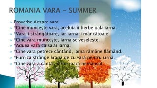  Proverbe despre vara
 *Cine munceşte vara, aceluia îi fierbe oala iarna.
 *Vara-i strângătoare, iar iarna-i mâncătoare
 *Cine vara munceşte, iarna se veseleşte.
 *Adună vara ca să ai iarna.
 *Cine vara petrece cântând, iarna rămâne flămănd.
 *Furnica strânge hrană de cu vară pentru iarnă.
 *Cine vara a cântat, iarna joacă nemâncat.
 