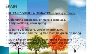  REFRANES SOBRE LA PRIMAVERA - Spring proverbs

 Golondrina anticipada, primavera templada.
 Early swallows, warm spring.

 La parra y la higuera, verdes en primavera.
 The grapevine and the fig tree must be green by spring.

 Mucha flor en primavera, buen otoño nos espera
 Many flowers in spring, good autunm will it be.
 