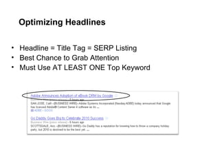 Optimizing Headlines Headline = Title Tag = SERP Listing Best Chance to Grab Attention Must Use AT LEAST ONE Top Keyword 