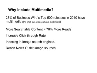 Why include Multimedia? 23% of Business Wire’s Top 500 releases in 2010 have multimedia  (5% of all our releases have multimedia) More Searchable Content = 70% More Reads Increase Click through Rate Indexing in Image search engines. Reach News Outlet image sources 