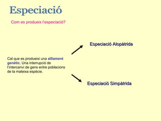 Com es produeix l’especiació?




                                         Especiació Alopàtrida


Cal que es produeixi una aïllament
genètic. Una interrupció de
l’intercanvi de gens entre poblacions
de la mateixa espècie.


                                        Especiació Simpàtrida
 