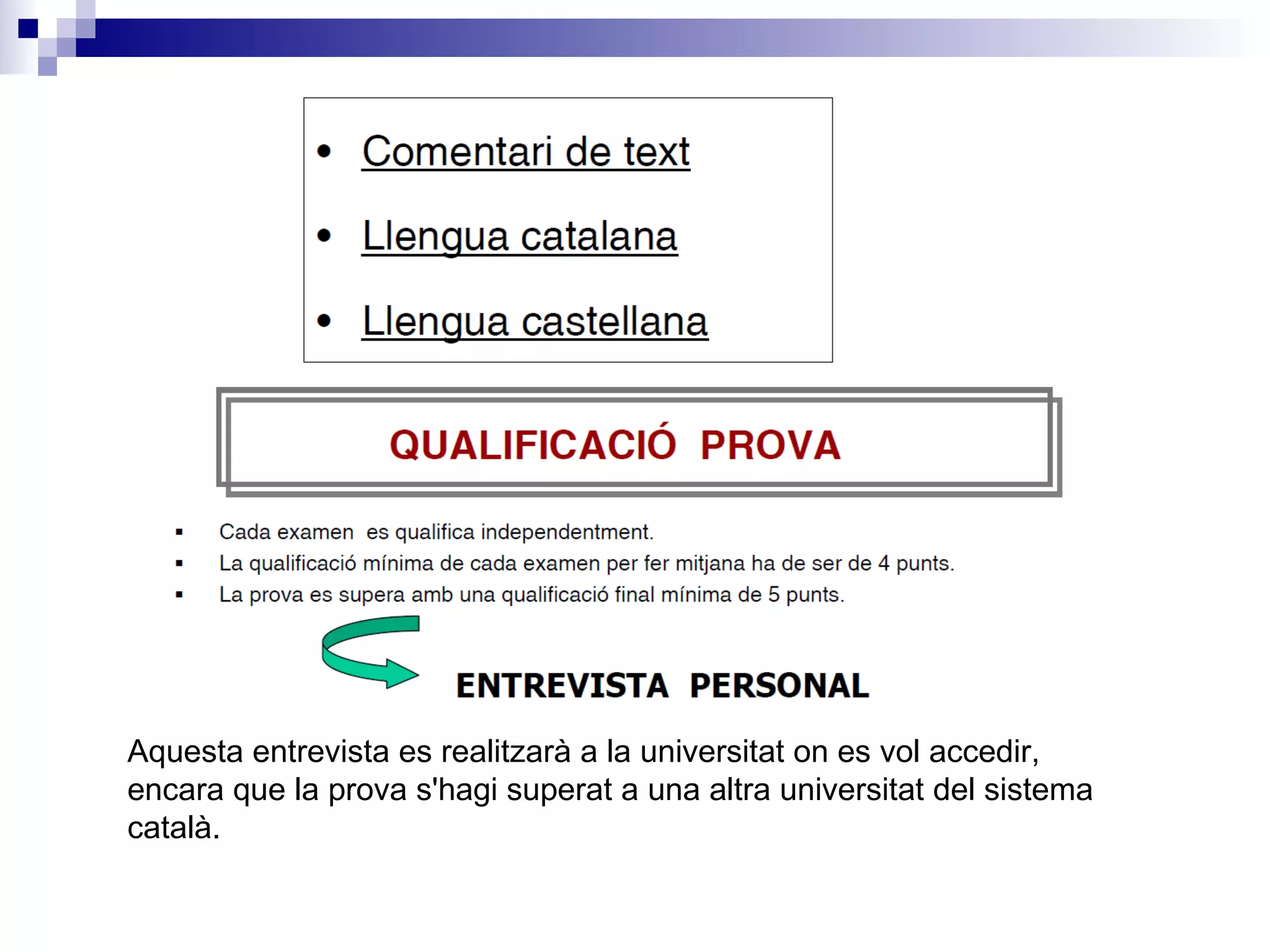 Aquesta entrevista es realitzarà a la universitat on es vol accedir, encara que la prova s'hagi superat a una altra universitat del sistema català.  
