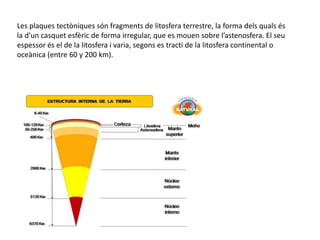 Les plaques tectòniques són fragments de litosfera terrestre, la forma dels quals és
la d’un casquet esfèric de forma irregular, que es mouen sobre l’astenosfera. El seu
espessor és el de la litosfera i varia, segons es tracti de la litosfera continental o
oceànica (entre 60 y 200 km).
 