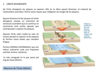 1. LÍMITS DIVERGENTS
Aquest fenomen té lloc perquè als límits
divergents existeix un moviment de
convecció ascendent que es continua en
moviments amb sentits oposats que
contribueixen a separar les plaques.
Aquests límits solen trobar-se sota els
oceans perquè en separar-se les plaques
es formen zones baixes que s’omplen
d’aigua.
Formen DORSALS OCEÀNIQUES, que són
relleus submarins amb una important
activitat sísmica i volcànica.
La més coneguda és la que passa pel
mig de l’oceà Atlàntic.
Als límits divergents les plaques se separen. Allà on es dóna aquest fenomen, el material de
l‘astenosfera ascendeix i forma noves roques que s‘afegeixin als marges de les plaques.
Obertura de l’Oceà Atlàntic
 