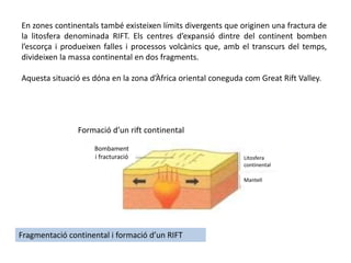 En zones continentals també existeixen límits divergents que originen una fractura de
la litosfera denominada RIFT. Els centres d’expansió dintre del continent bomben
l’escorça i produeixen falles i processos volcànics que, amb el transcurs del temps,
divideixen la massa continental en dos fragments.
Aquesta situació es dóna en la zona d’Àfrica oriental coneguda com Great Rift Valley.
Formació d’un rift continental
Bombament
i fracturació Litosfera
continental
Mantell
Fragmentació continental i formació d’un RIFT
 