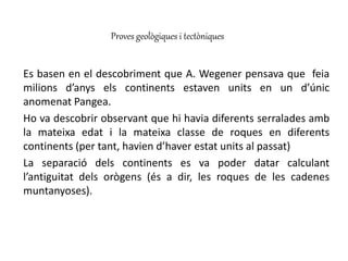 Proves geològiques i tectòniques
Es basen en el descobriment que A. Wegener pensava que feia
milions d’anys els continents estaven units en un d’únic
anomenat Pangea.
Ho va descobrir observant que hi havia diferents serralades amb
la mateixa edat i la mateixa classe de roques en diferents
continents (per tant, havien d’haver estat units al passat)
La separació dels continents es va poder datar calculant
l’antiguitat dels orògens (és a dir, les roques de les cadenes
muntanyoses).
 