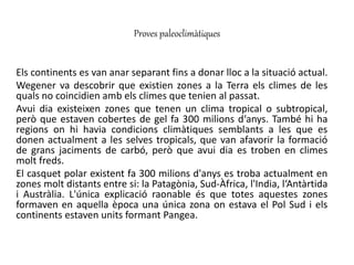 Proves paleoclimàtiques
Els continents es van anar separant fins a donar lloc a la situació actual.
Wegener va descobrir que existien zones a la Terra els climes de les
quals no coincidien amb els climes que tenien al passat.
Avui dia existeixen zones que tenen un clima tropical o subtropical,
però que estaven cobertes de gel fa 300 milions d‘anys. També hi ha
regions on hi havia condicions climàtiques semblants a les que es
donen actualment a les selves tropicals, que van afavorir la formació
de grans jaciments de carbó, però que avui dia es troben en climes
molt freds.
El casquet polar existent fa 300 milions d'anys es troba actualment en
zones molt distants entre si: la Patagònia, Sud-Àfrica, l'India, l‘Antàrtida
i Austràlia. L'única explicació raonable és que totes aquestes zones
formaven en aquella època una única zona on estava el Pol Sud i els
continents estaven units formant Pangea.
 