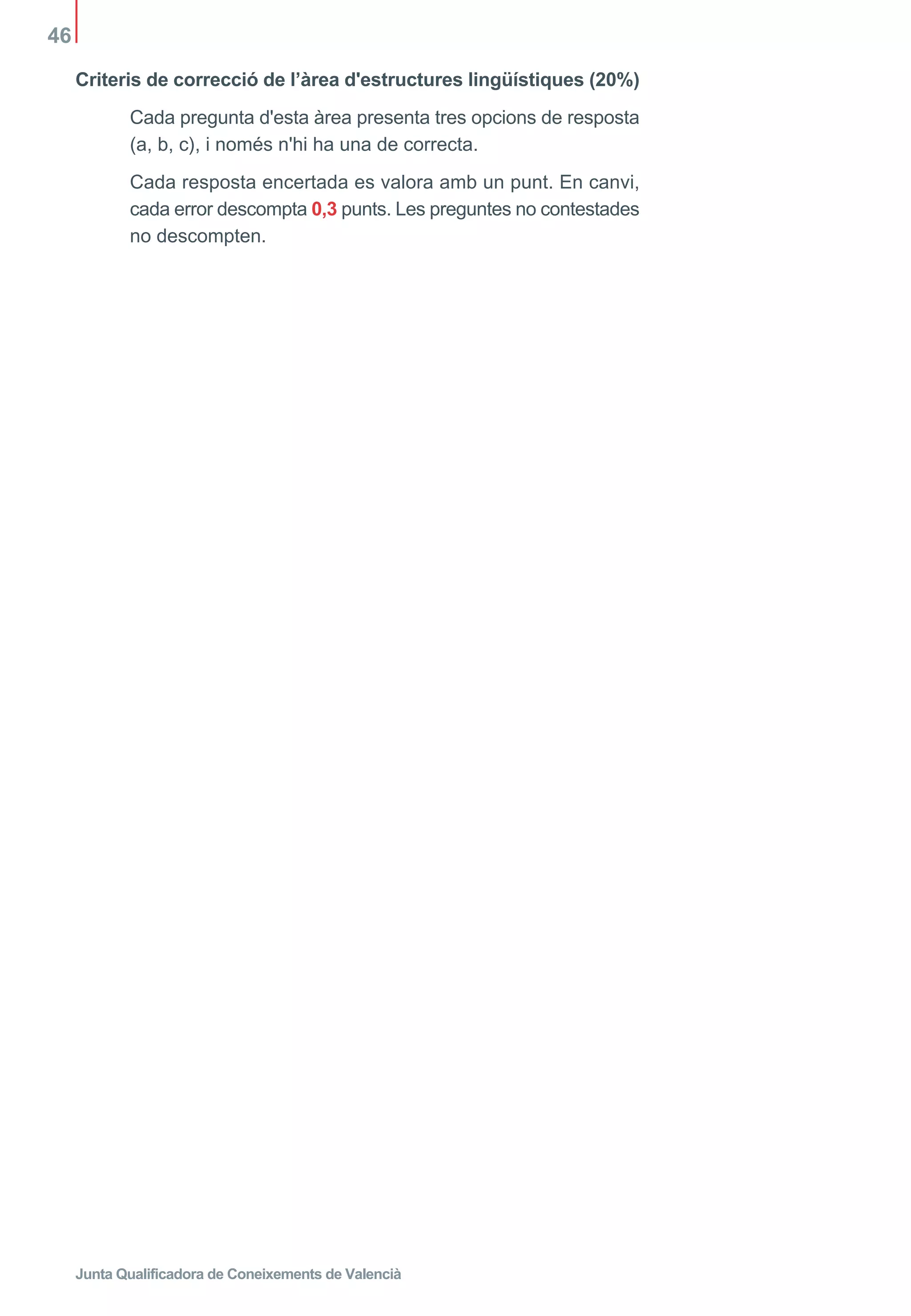 Junta Qualificadora de Coneixements de Valencià
46
Criteris de correcció de l’àrea d'estructures lingüístiques (20%)
Cada pregunta d'esta àrea presenta tres opcions de resposta
(a, b, c), i només n'hi ha una de correcta.
Cada resposta encertada es valora amb un punt. En canvi,
cada error descompta 0,3 punts. Les preguntes no contestades
no descompten.
 