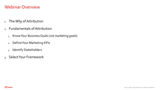 ©2020 Adobe. All Rights Reserved. Adobe Confidential.
Webinar Overview
1. TheWhy of Attribution
2. Fundamentals of Attribution
1. KnowYour Business Goals (not marketing goals)
2. DefineYour Marketing KPIs
3. Identify Stakeholders
3. SelectYour Framework
GroundRules:
 