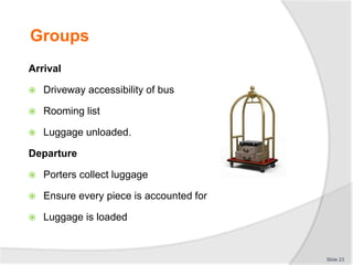 Groups
Arrival
 Driveway accessibility of bus
 Rooming list
 Luggage unloaded.
Departure
 Porters collect luggage
 En...