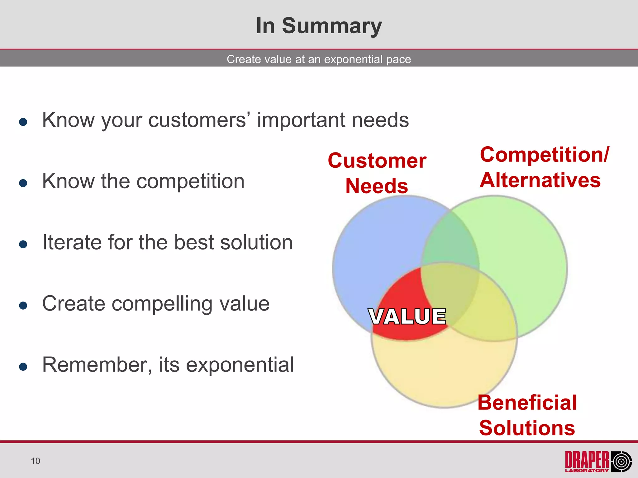 In Summary
                              Create value at an exponential pace




        Know your customers’ important needs
                                                 Customer           Competition/
        Know the competition                     Needs             Alternatives

        Iterate for the best solution

        Create compelling value

        Remember, its exponential
                                                                    Beneficial
                                                                    Solutions
    10
 