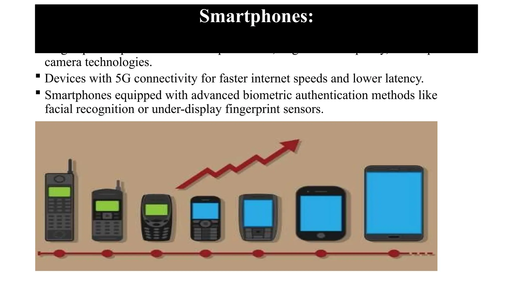Smartphones:
 Flagship smartphones with faster processors, larger RAM capacity, and improved
camera technologies.
 Devices with 5G connectivity for faster internet speeds and lower latency.
 Smartphones equipped with advanced biometric authentication methods like
facial recognition or under-display fingerprint sensors.
 