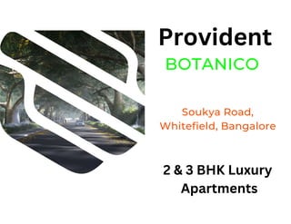 BOTANICO
Provident
2 & 3 BHK Luxury
Apartments
Soukya Road,
Whitefield, Bangalore
 