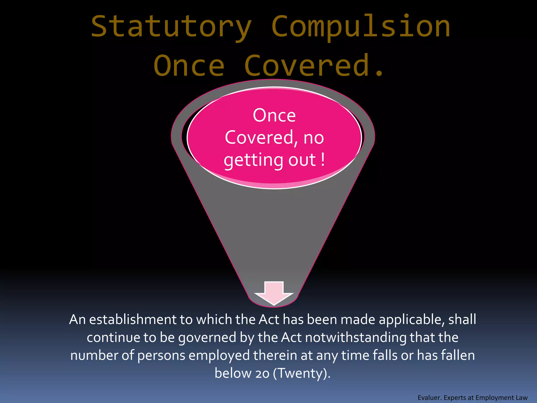 Statutory Compulsion
       Once Covered.
                            Once
                         Covered, no
                         getting out !




An establishment to which the Act has been made applicable, shall
  continue to be governed by the Act notwithstanding that the
number of persons employed therein at any time falls or has fallen
                      below 20 (Twenty).
                                                        Evaluer. Experts at Employment Law
 