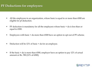 PF Deductions for employees:



All the employees in an organization, whose basic is equal to or more than 6500 are
eligible for pf deduction.



PF deduction is mandatory for all the employees whose basic + da is less than or
equal to 6500.



Employees with basic + da more than 6500 have an option to opt out of PF scheme.



Deduction will be 12% of basic + da for an employee.



If the basic + da is more than 6500, employer have an option to pay 12% of actual
amount or Rs. 780 (12% of 6500).

 