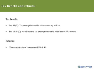 Tax Benefit and returns:

Tax benefit:


Sec 80 (C): Tax exemption on the investment up to 1 lac.



Sec 10 10 (C): Avail income tax exemption on the withdrawn PF amount.

Returns:


The current rate of interest on PF is 8.5%

 