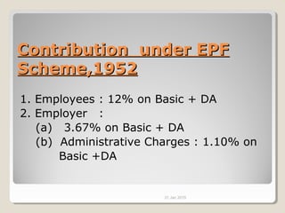 Contribution under EPFContribution under EPF
Scheme,1952Scheme,1952
1. Employees : 12% on Basic + DA
2. Employer :
(a) 3.6...