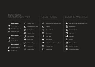 MULTI COURT 1
Tennis Court or
Basketball Court or
Volley Ball Court
MULTI COURT 2
Futsal or
Hockey Court
MULTI COURT 3
Archery Range or
Long Jump
BEGINNERS
SPORTS FACILITIES
Swimming Pool and Kids Pool
Creche
Squash Court
Gymnasium
Pool Table
Table Tennis
Indoor Games (Carrom, Chess)
Reading Room
Culture Club
CLUB HOUSE
Old Folks Corner (Senior Citizen Park)
Amphitheatre
Meditation Deck
Yoga Deck
Paw Park
Gazebo
Barbeque Deck
Dry Deck fountain
Landscaped Garden
LEISURE AMENITIES
Jogging Track
Cricket Practice Pitch
Skating Rink
Kabaddi Court
Wall Climbing
Forest Trail
Children Play areas
Hopscotch
Chess Courts
 