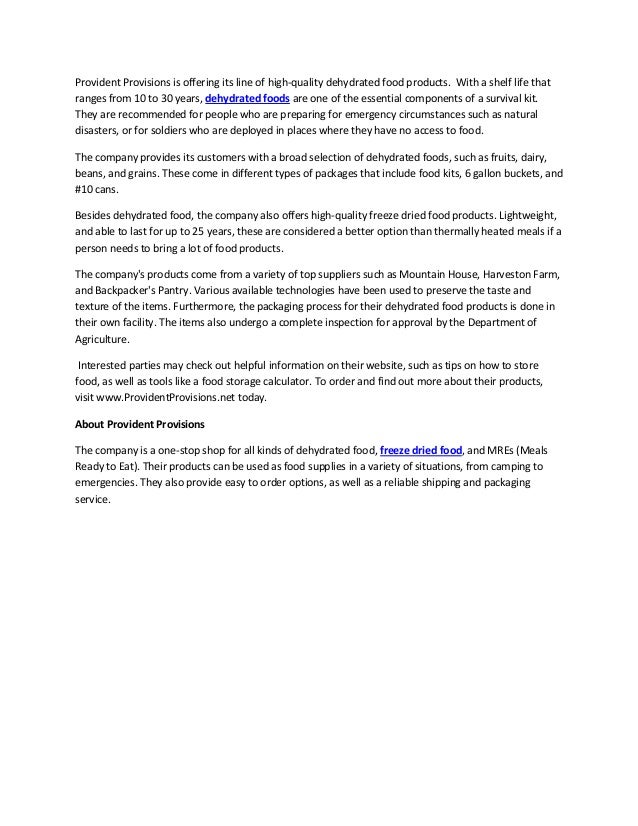 Provident Provisions Offers High Quality Dehydrated Food Products
