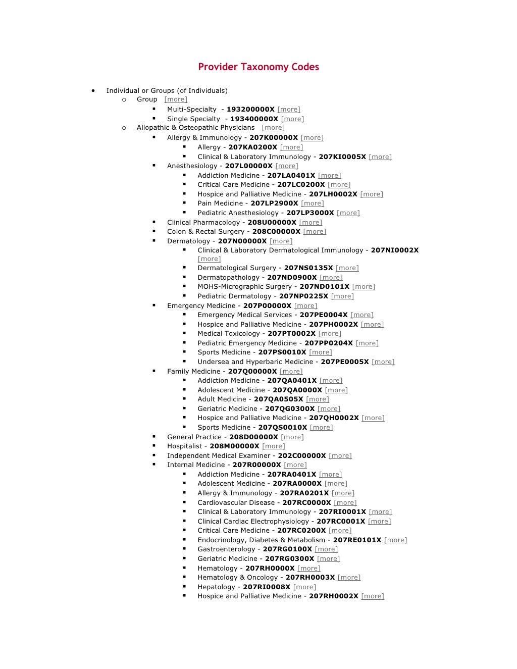 Provider Taxonomy Codes