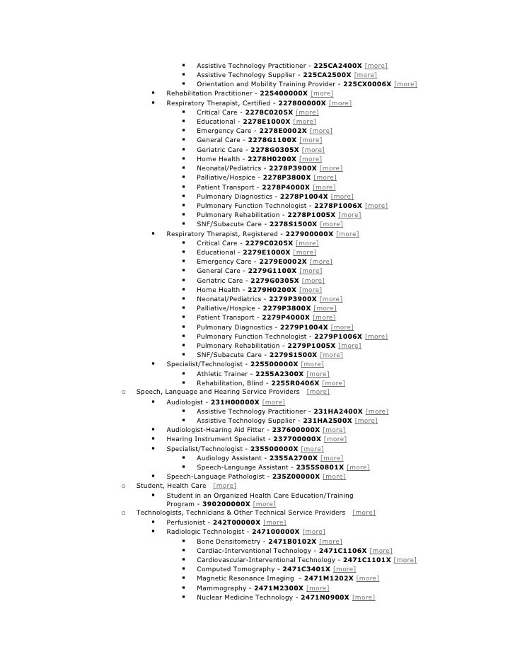 Provider Taxonomy Codes