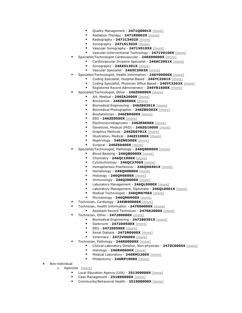 Provider Taxonomy Codes