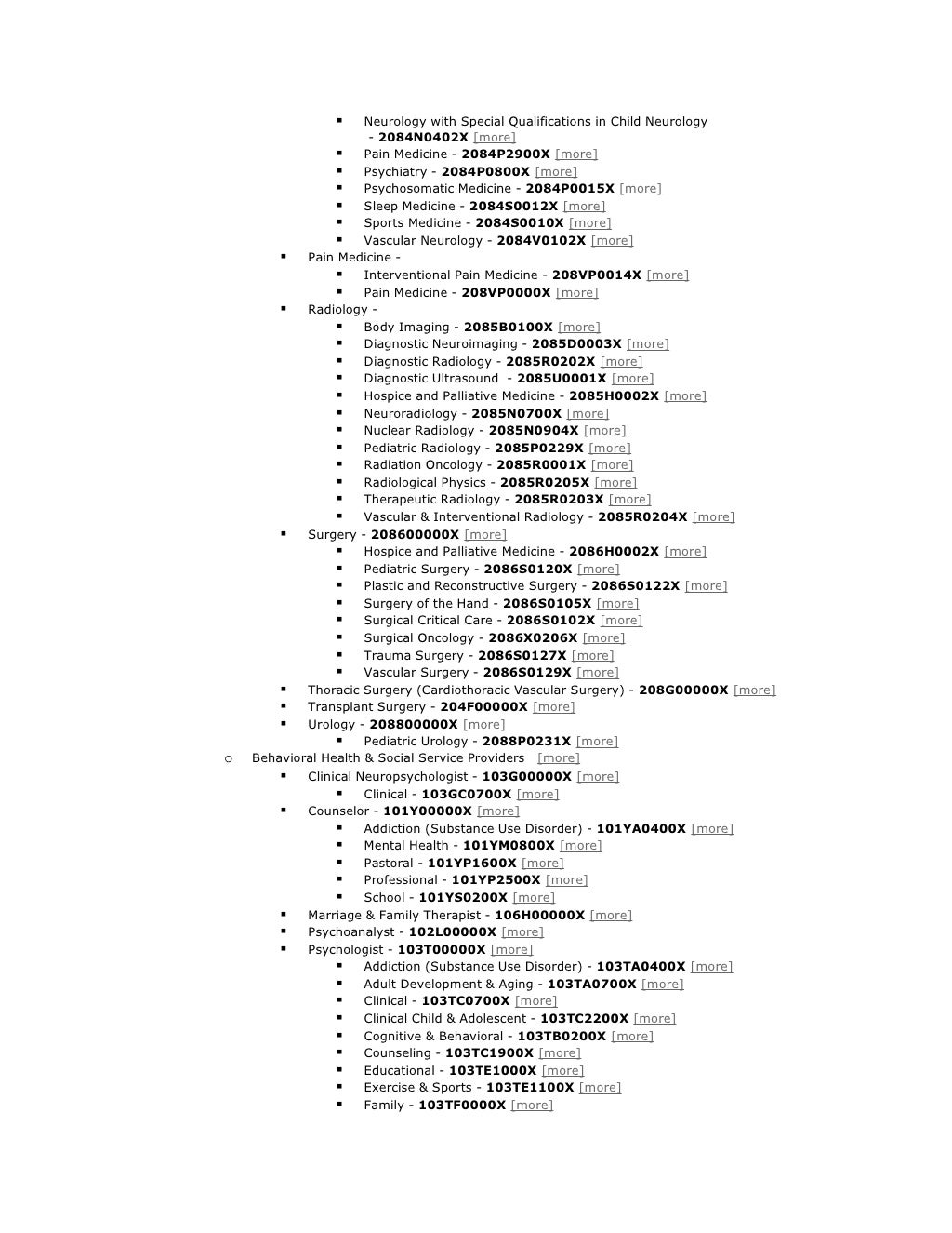 Provider Taxonomy Codes
