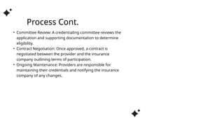 Process Cont.
• Committee Review: A credentialing committee reviews the
application and supporting documentation to determine
eligibility.
• Contract Negotiation: Once approved, a contract is
negotiated between the provider and the insurance
company outlining terms of participation.
• Ongoing Maintenance: Providers are responsible for
maintaining their credentials and notifying the insurance
company of any changes.
 