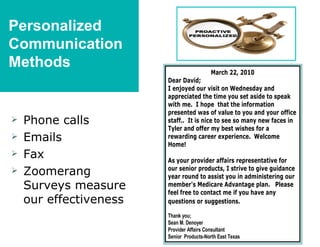 Personalized
Communication
Methods
                                           March 22, 2010
                        Dear David;
                        I enjoyed our visit on Wednesday and
                        appreciated the time you set aside to speak
                        with me. I hope that the information
                        presented was of value to you and your office
   Phone calls         staff.. It is nice to see so many new faces in
                        Tyler and offer my best wishes for a
   Emails              rewarding career experience. Welcome
                        Home!
   Fax                 As your provider affairs representative for
   Zoomerang           our senior products, I strive to give guidance
                        year round to assist you in administering our
    Surveys measure     member's Medicare Advantage plan. Please
                        feel free to contact me if you have any
    our effectiveness   questions or suggestions.

                        Thank you;
                        Sean M. Denoyer
                        Provider Affairs Consultant
                        Senior Products-North East Texas
 