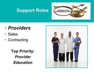 Support Roles


 Providers
   Sales
   Contracting

     Top Priority:
       Provider
      Education
 