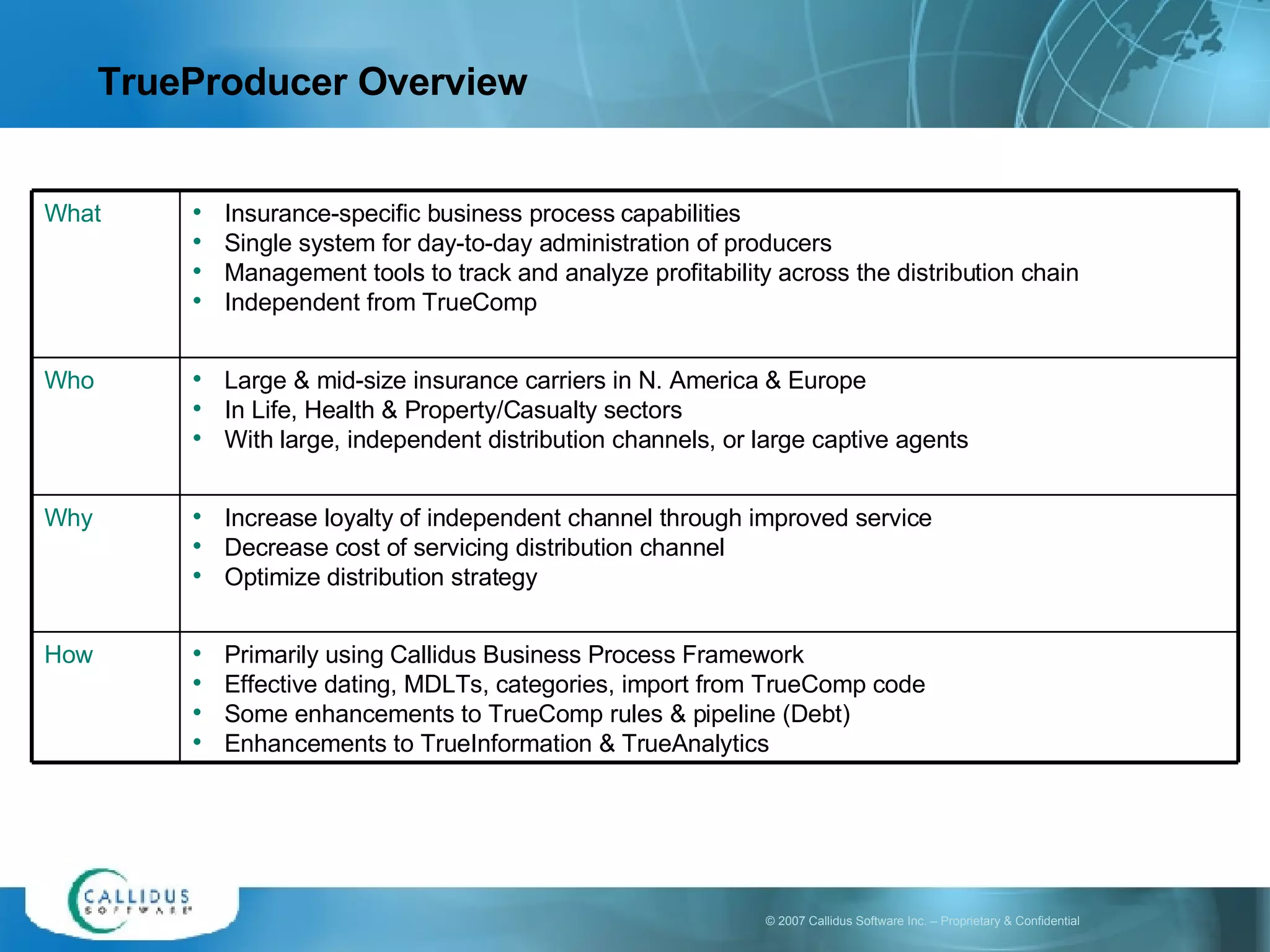 TrueProducer Overview What Insurance-specific business process capabilities  Single system for day-to-day administration of producers Management tools to track and analyze profitability across the distribution chain Independent from TrueComp Who Large & mid-size insurance carriers in N. America & Europe  In Life, Health & Property/Casualty sectors With large, independent distribution channels, or large captive agents Why Increase loyalty of independent channel through improved service Decrease cost of servicing distribution channel  Optimize distribution strategy How Primarily using Callidus Business Process Framework Effective dating, MDLTs, categories, import from TrueComp code Some enhancements to TrueComp rules & pipeline (Debt) Enhancements to TrueInformation & TrueAnalytics 
