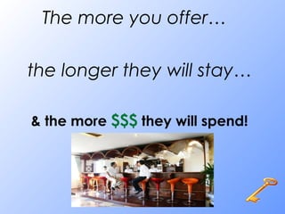 The more you offer…
the longer they will stay…
& the more $$$ they will spend!
 