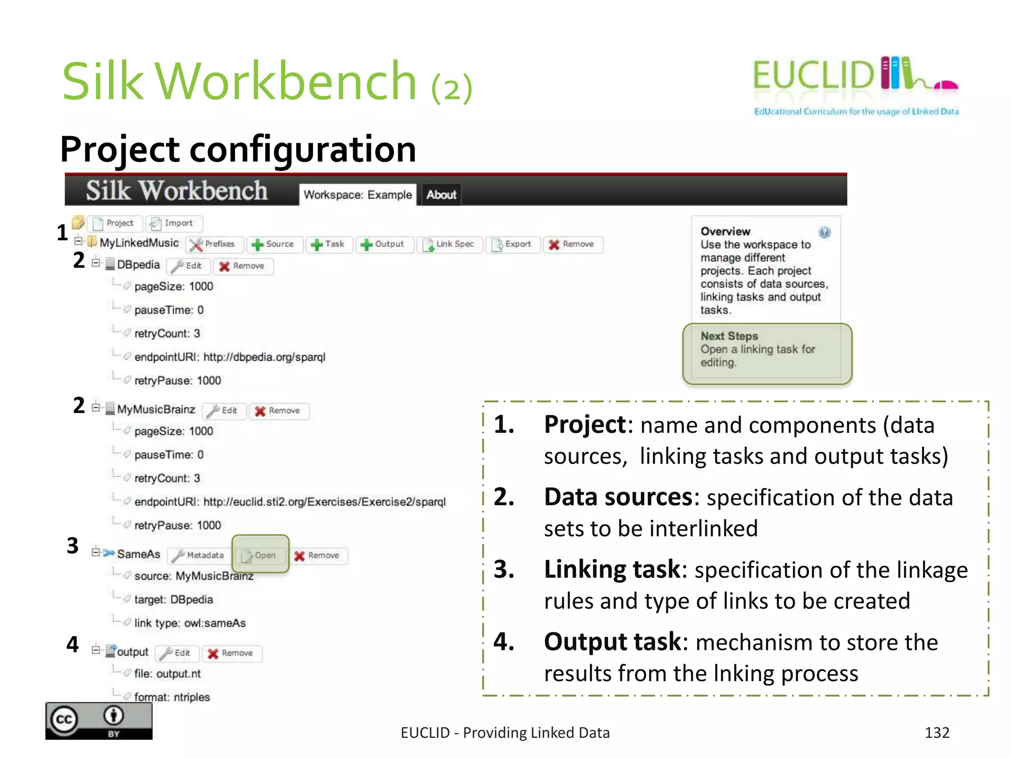 Project configuration
SilkWorkbench (2)
EUCLID - Providing Linked Data 132
1
2
3
4
1. Project: name and components (data
sources, linking tasks and output tasks)
2. Data sources: specification of the data
sets to be interlinked
3. Linking task: specification of the linkage
rules and type of links to be created
4. Output task: mechanism to store the
results from the lnking process
2
 