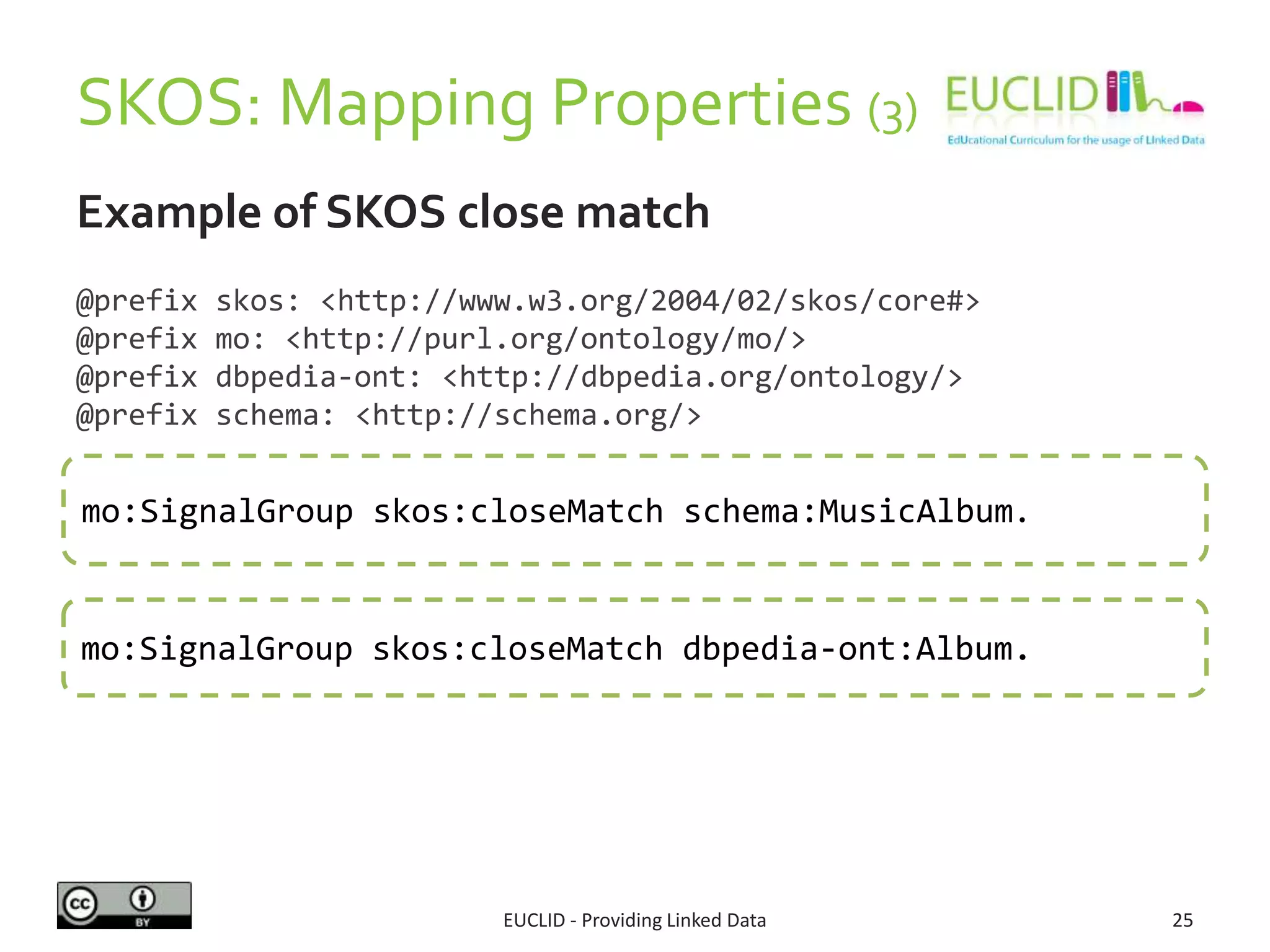 Example of SKOS close match
SKOS: Mapping Properties (3)
EUCLID - Providing Linked Data 25
mo:SignalGroup skos:closeMatch schema:MusicAlbum.
@prefix skos: <http://www.w3.org/2004/02/skos/core#>
@prefix mo: <http://purl.org/ontology/mo/>
@prefix dbpedia-ont: <http://dbpedia.org/ontology/>
@prefix schema: <http://schema.org/>
mo:SignalGroup skos:closeMatch dbpedia-ont:Album.
 
