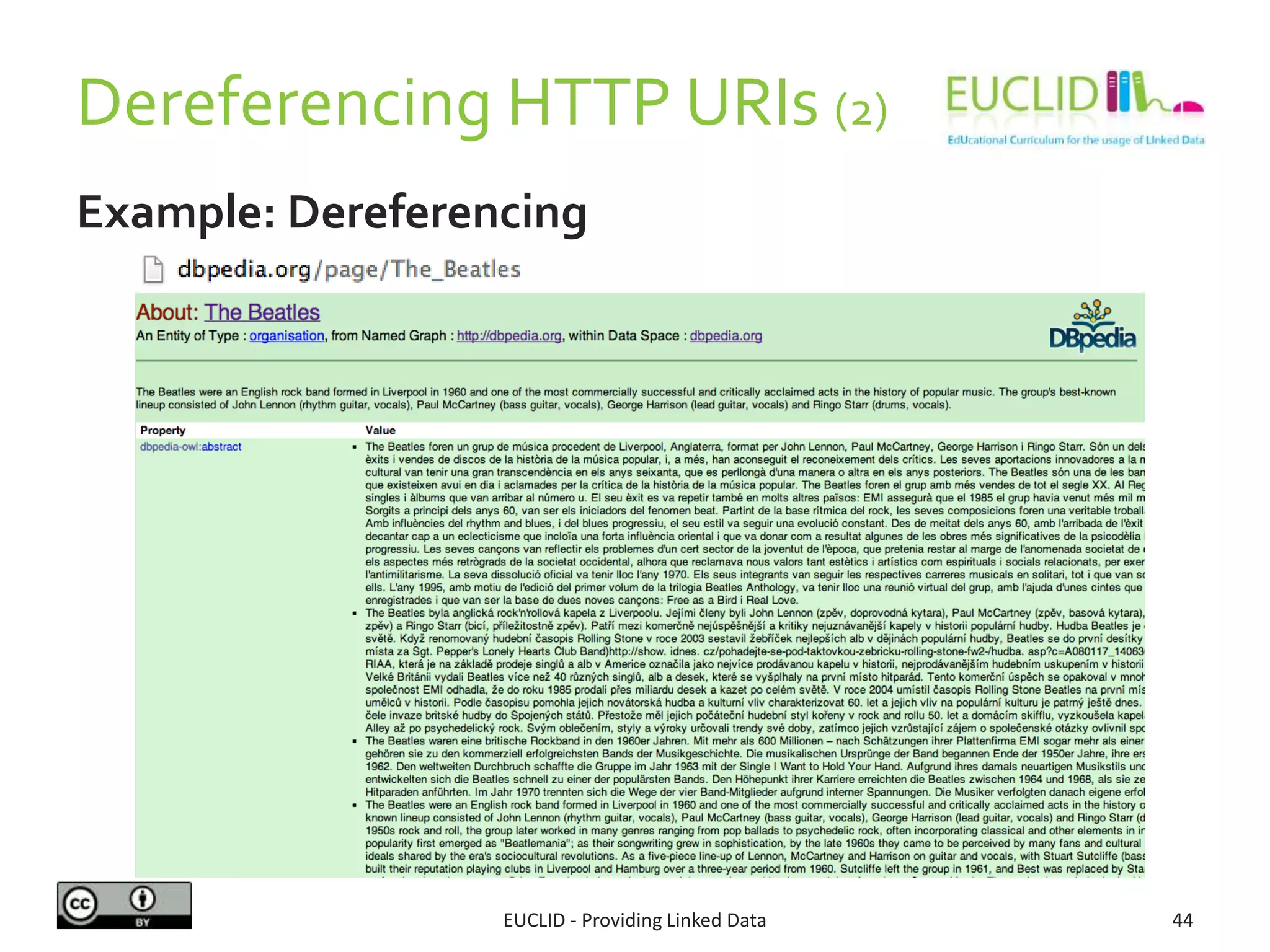 Dereferencing HTTP URIs (2)
Example: Dereferencing
EUCLID - Providing Linked Data 44
 